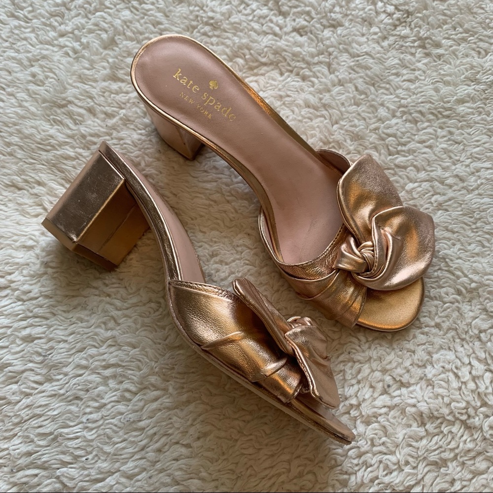 Kate Spade Leather Foil Bow Metallic Block Heel Slip On mules Heels